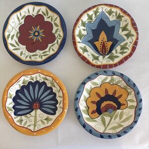 4 Hand Painted Pier 1 Earthenware Salad Plates with Floral Design 8.25" retired